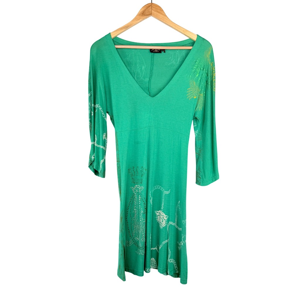Y2K Christian Audigier Dress Womens M Green Rhinestone Graphic V-Neck 3/4 Sleeve